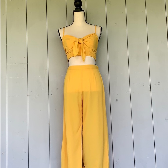 Luxxel Pants - LUXXEL Yellow 2 Piece Halter Top High Waist Pants
